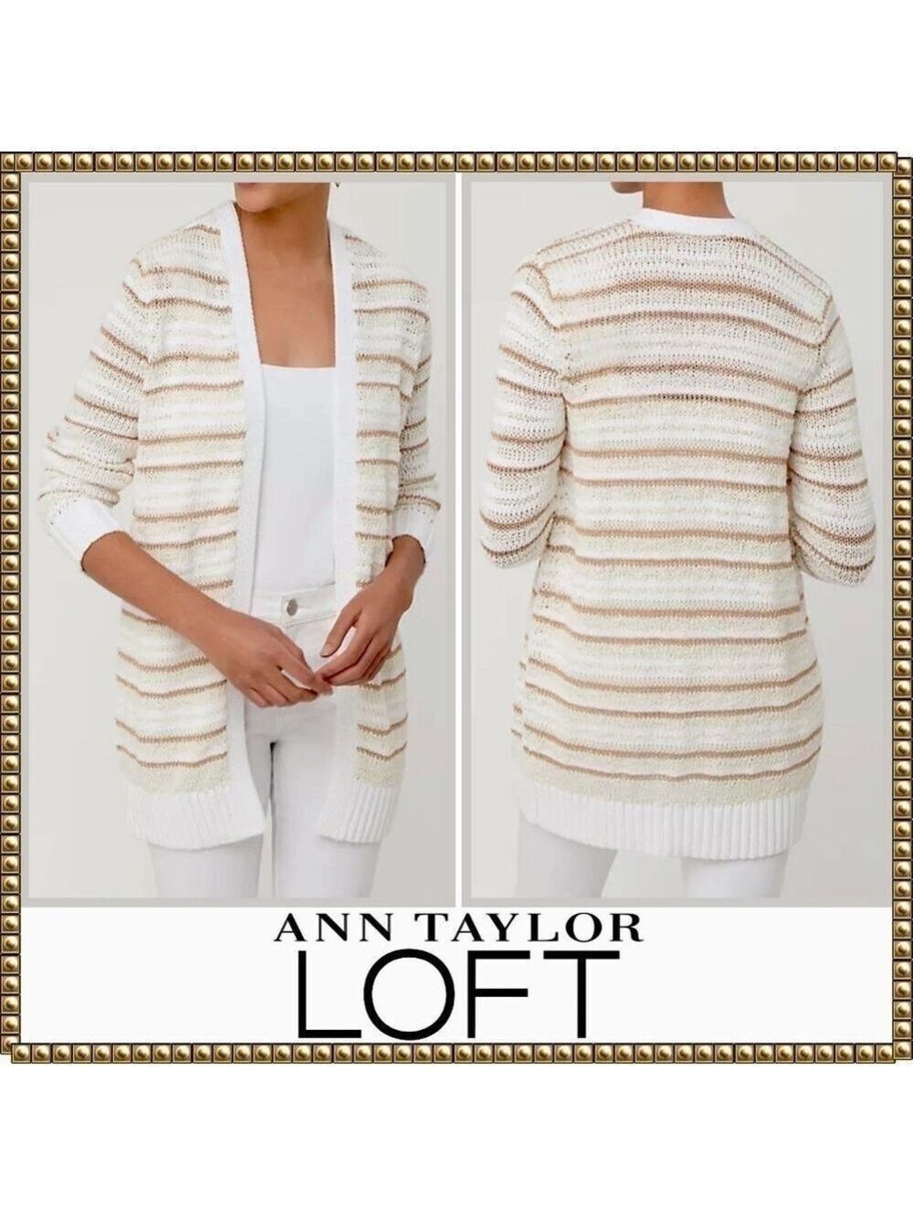 Loft Gold Stripe Long Cardigan Medium